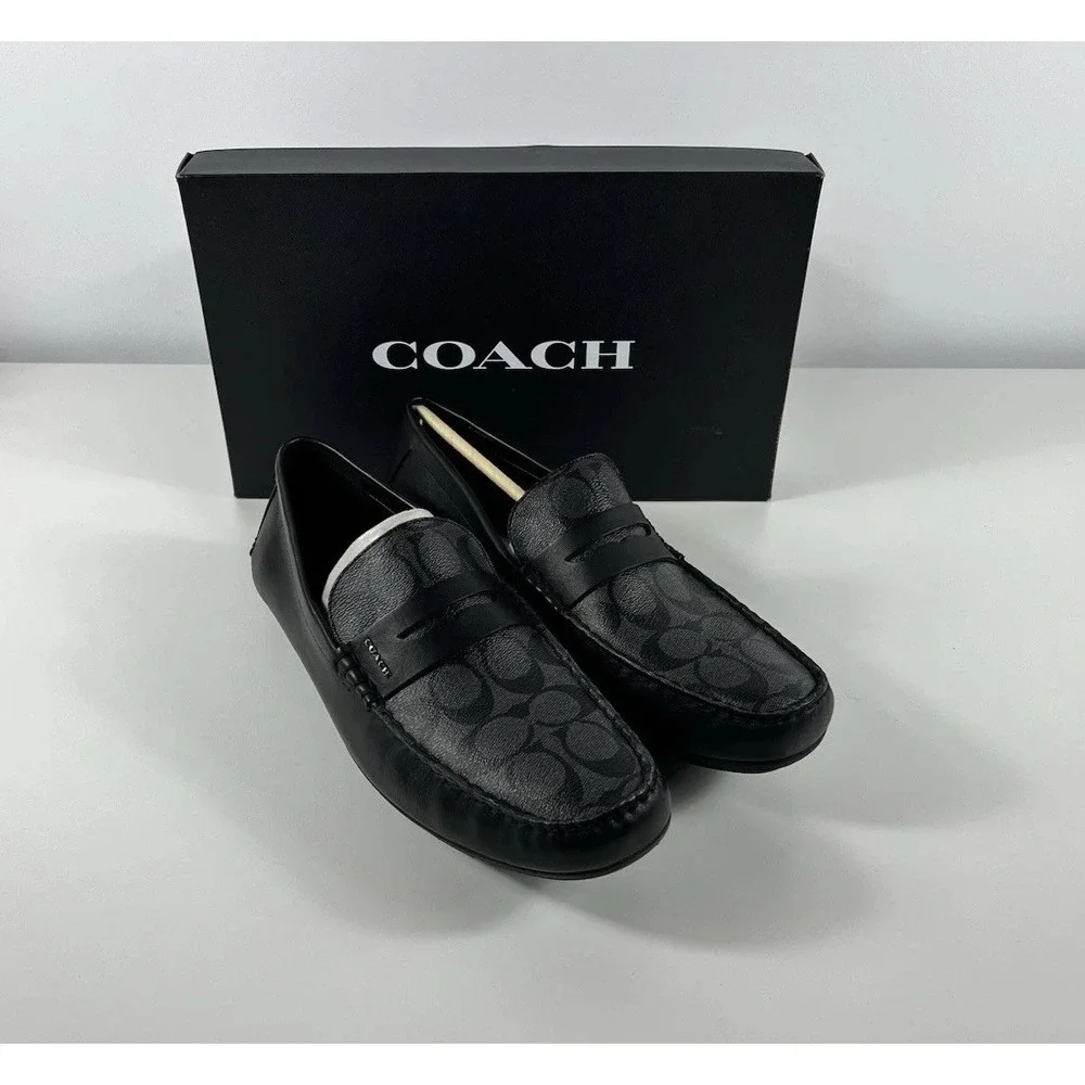 COACH Men's Shoes Loafer Size 12 US Black Leather MOTT DRIVER SIG PVC
